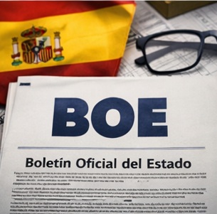 Publicación del Boletín Oficial del Estado (BOE) sobre planos de construcción junto a una bandera de España y gafas de lectura.