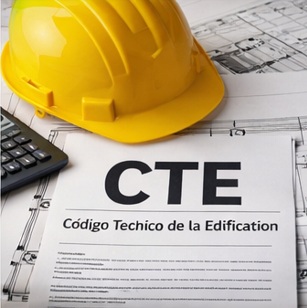Documento del Código Técnico de la Edificación (CTE) sobre planos arquitectónicos con casco de obra y calculadora.
