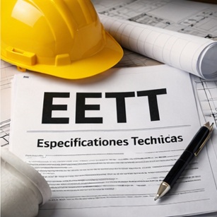 Documento de Especificaciones Técnicas (EETT) sobre mesa de trabajo con casco de obra, planos y material de oficina técnico.