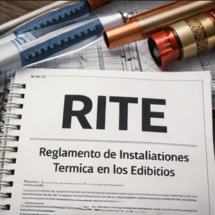 Documento del RITE sobre plano de instalaciones térmicas con herramientas de fontanería y climatización en una mesa de trabajo técnica.