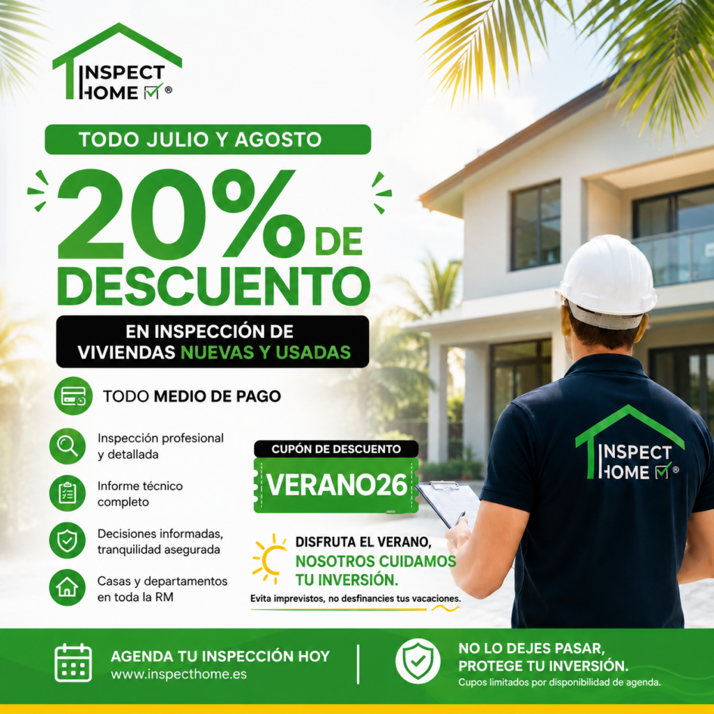 Promoción de verano de Inspect Home España: 20% de descuento durante julio y agosto en inspección profesional de viviendas nuevas y de segunda mano. Informe técnico completo, todos los medios de pago y cupón VERANO26 para proteger tu inversión inmobiliaria.